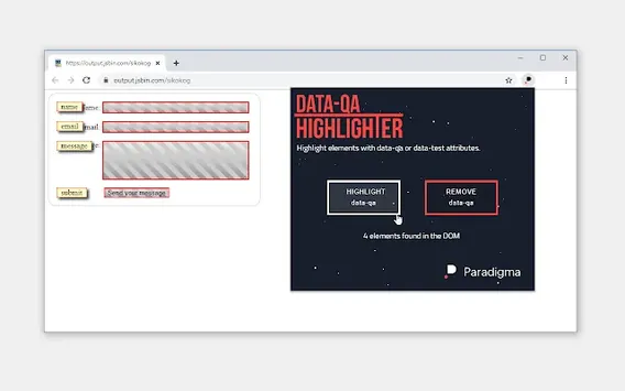 Interfaz de Data QA Highlighter sobre una página web