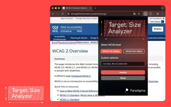 Target Size Analyzer analizando el tamaño de elementos interactivos en una web