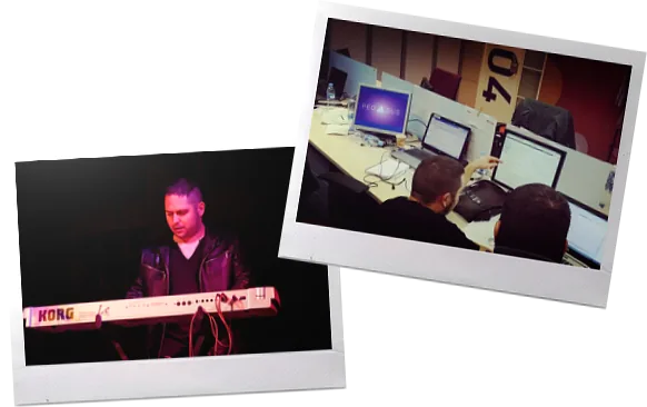 Dos fotografías de Alberto Vara: tocando el teclado y trabajando con su equipo